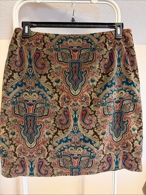 J G Hook paisley velvet pencil skirt - size 14 - VINTAGE in tan rust teal brown